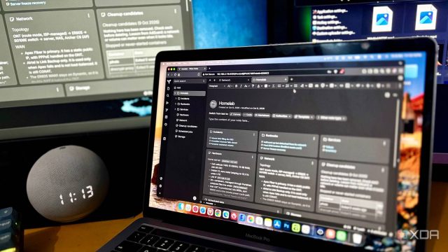 MacBook Pro showing the Trilium Homelab note with Incidents, Runbooks and Services cards