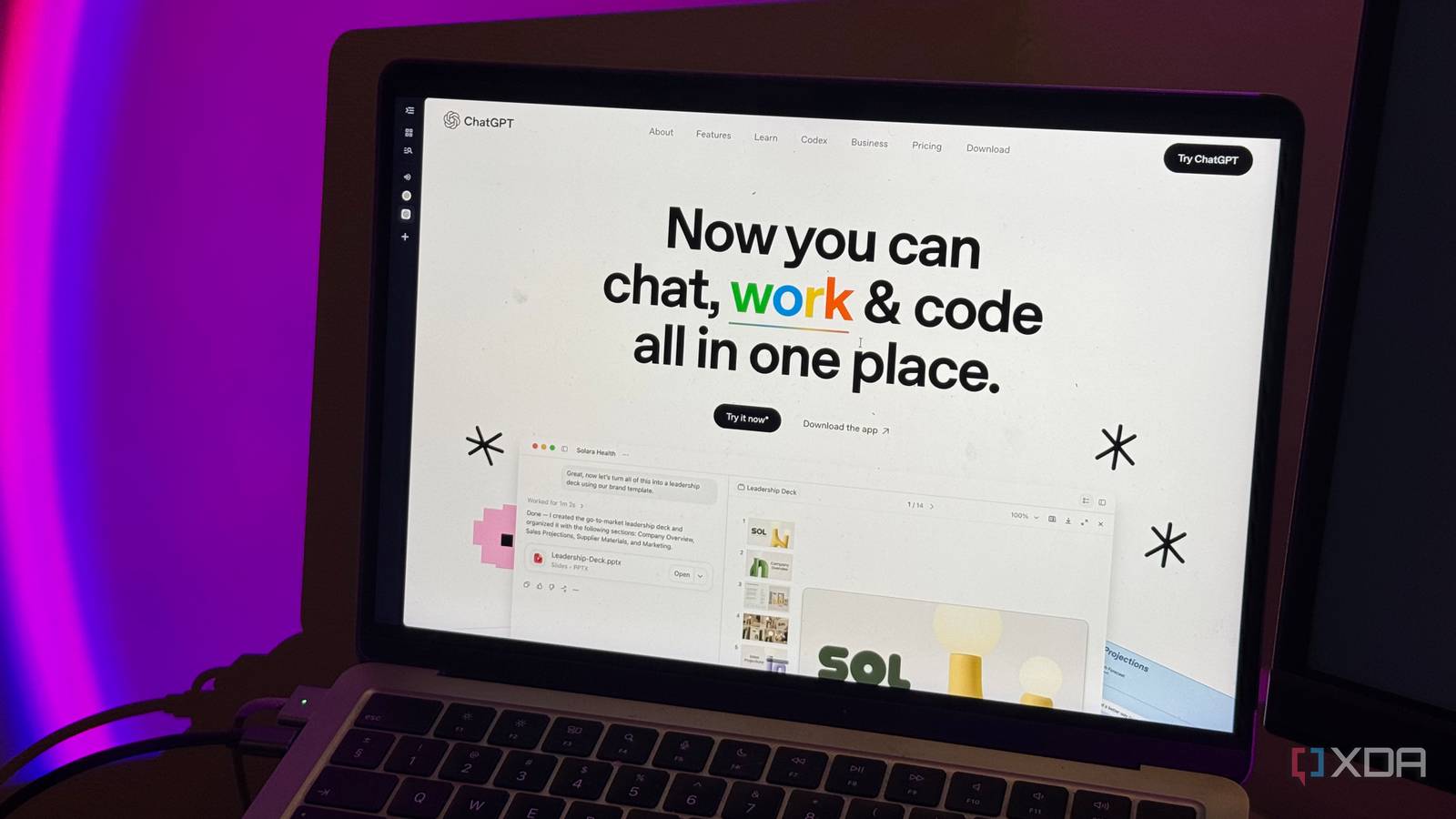 MacBook showing ChatGPT's homepage with work highlighted above a slide deck demo