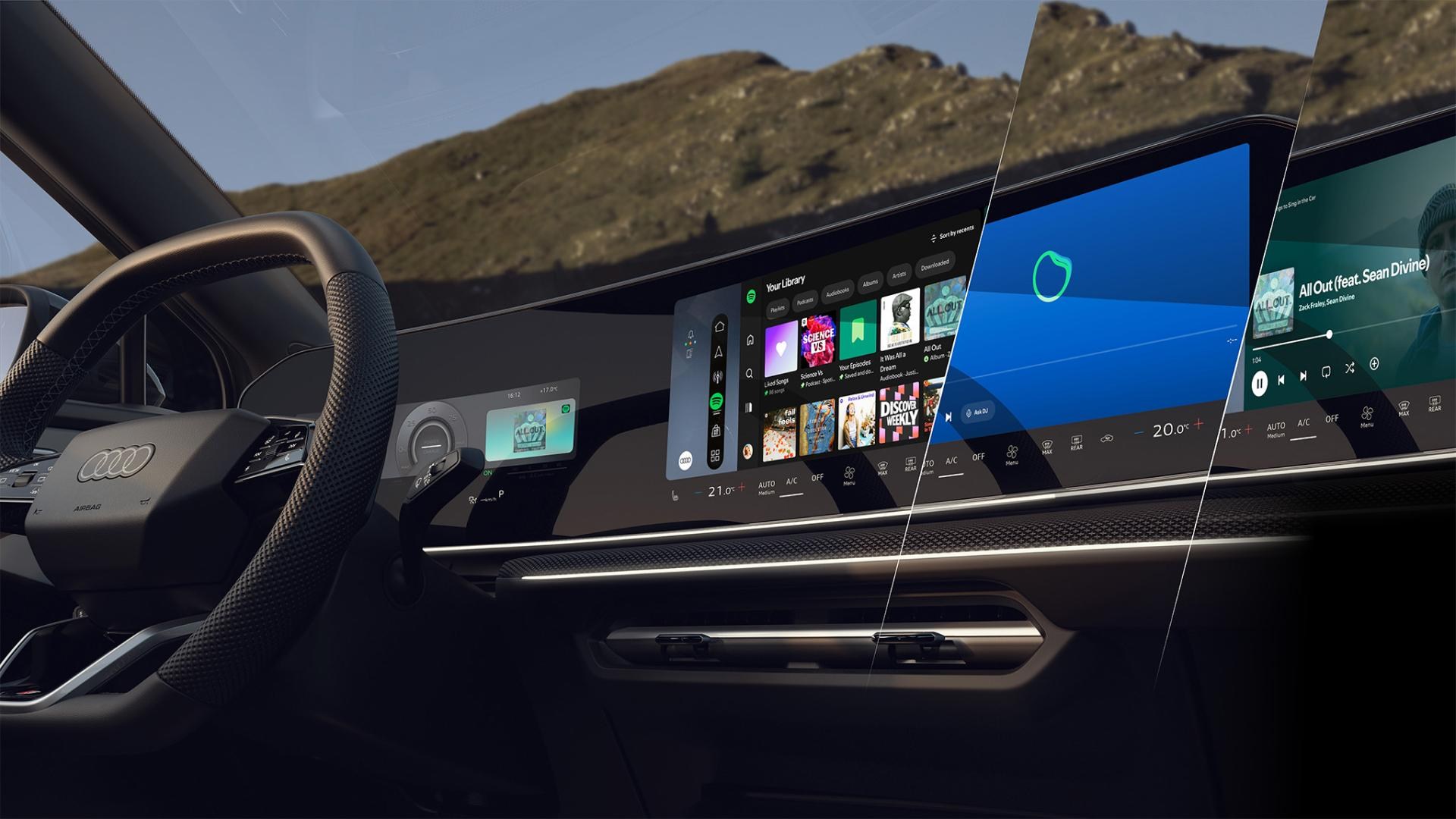 Màn hình Audi với giao diện Spotify giữa các giao diện hệ thống khác