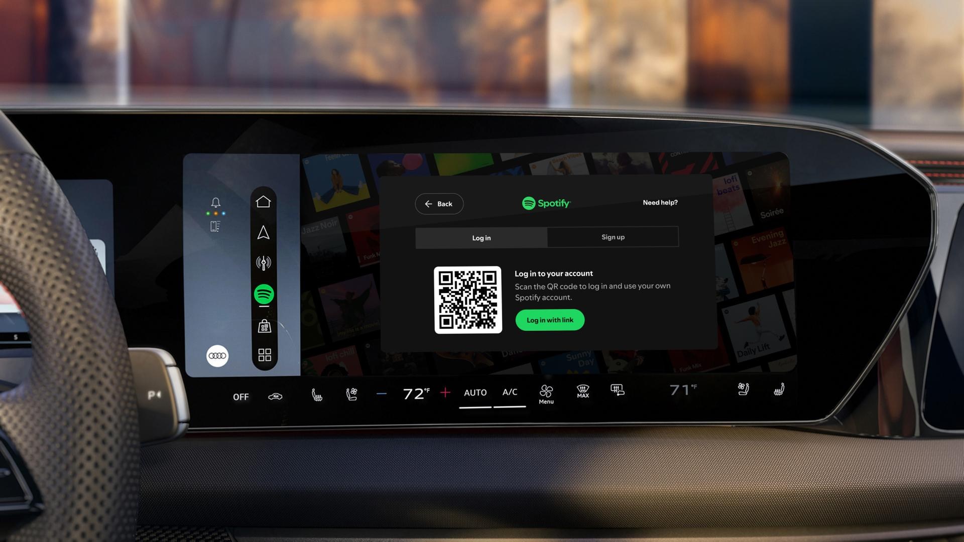 Màn hình Audi hiển thị giao diện đăng nhập Spotify native