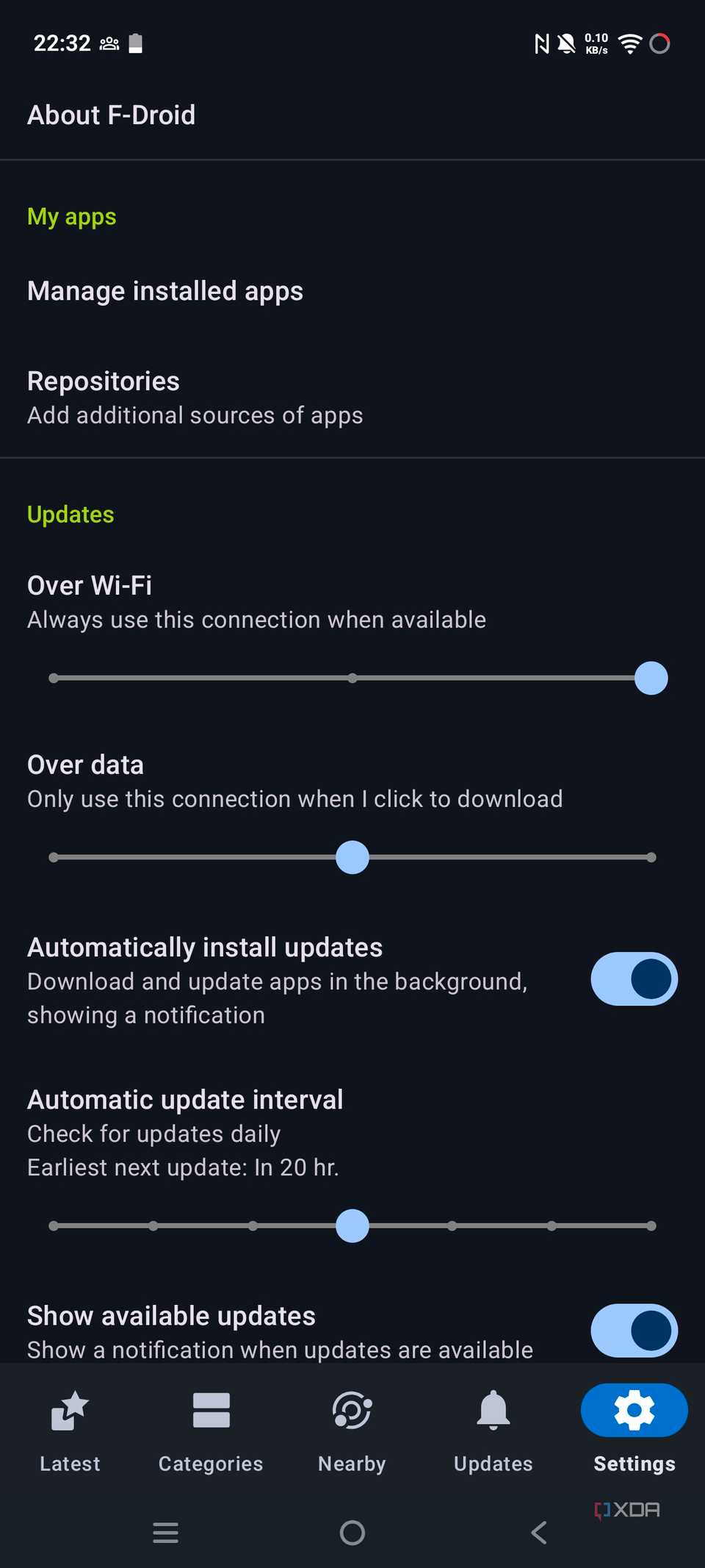Màn hình cài đặt và cập nhật của F-Droid trên Android