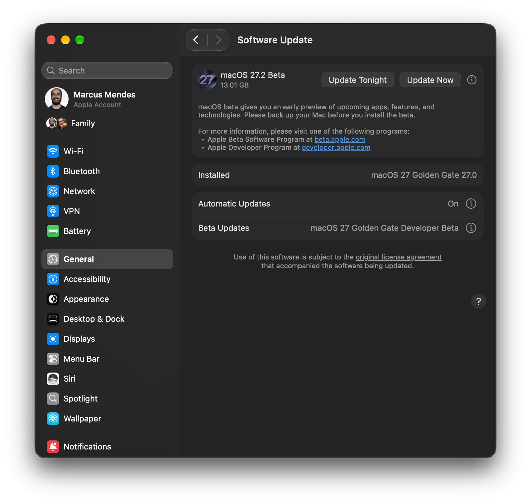 Màn hình Cập nhật phần mềm macOS 27.2 Beta