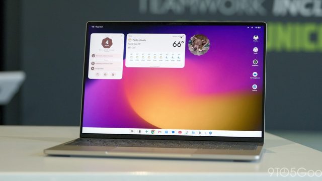 Màn hình chính Googlebook với widget thời tiết và thanh tác vụ