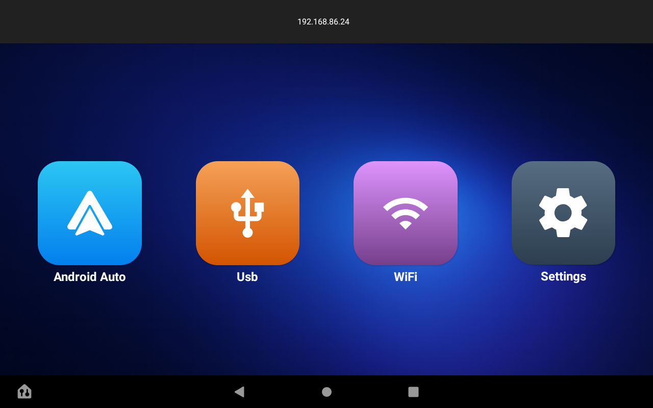 Màn hình chính Open Headunit với các nút Android Auto, USB, WiFi, Settings