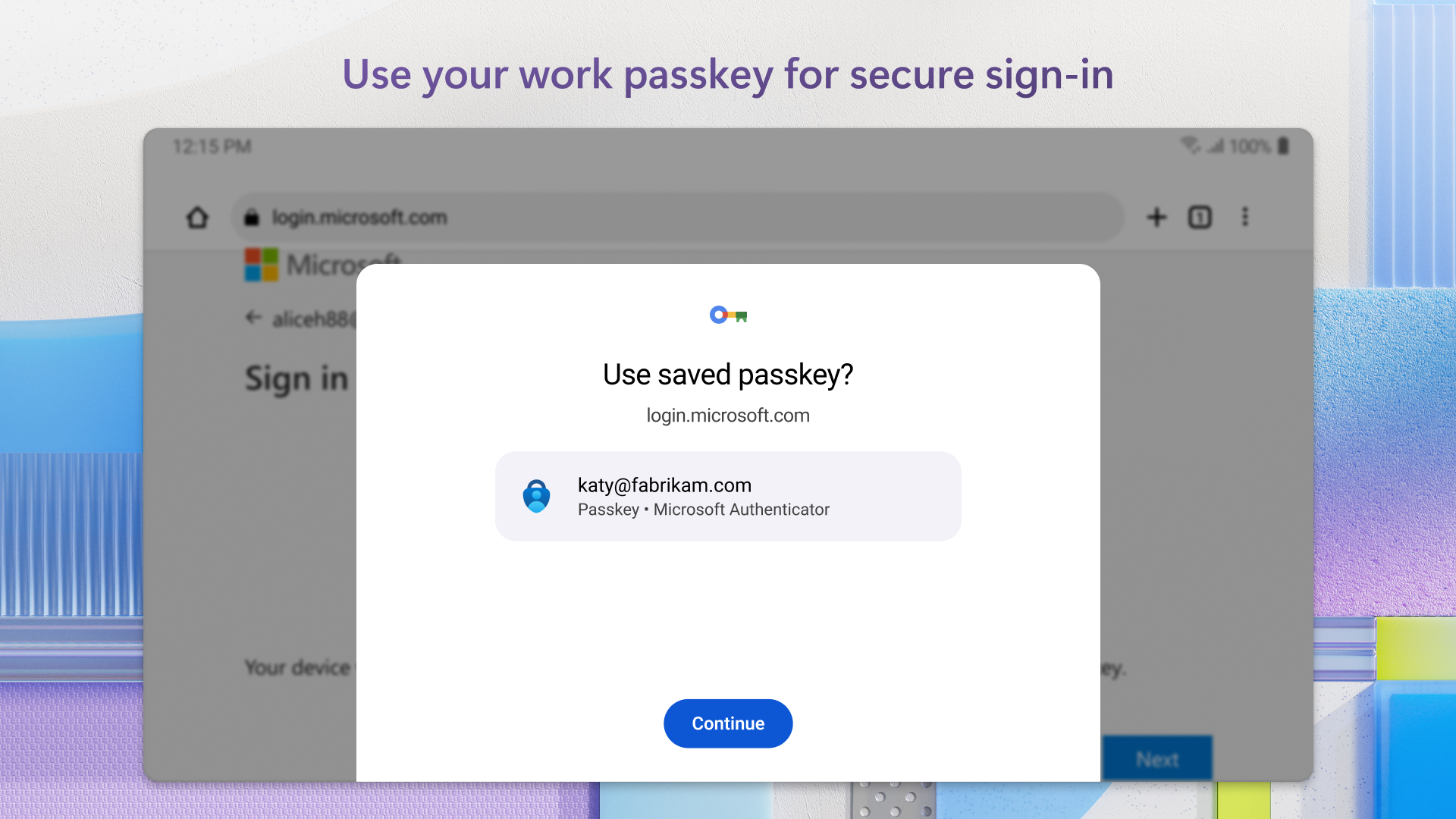 Màn hình chọn passkey công việc trong Microsoft Authenticator