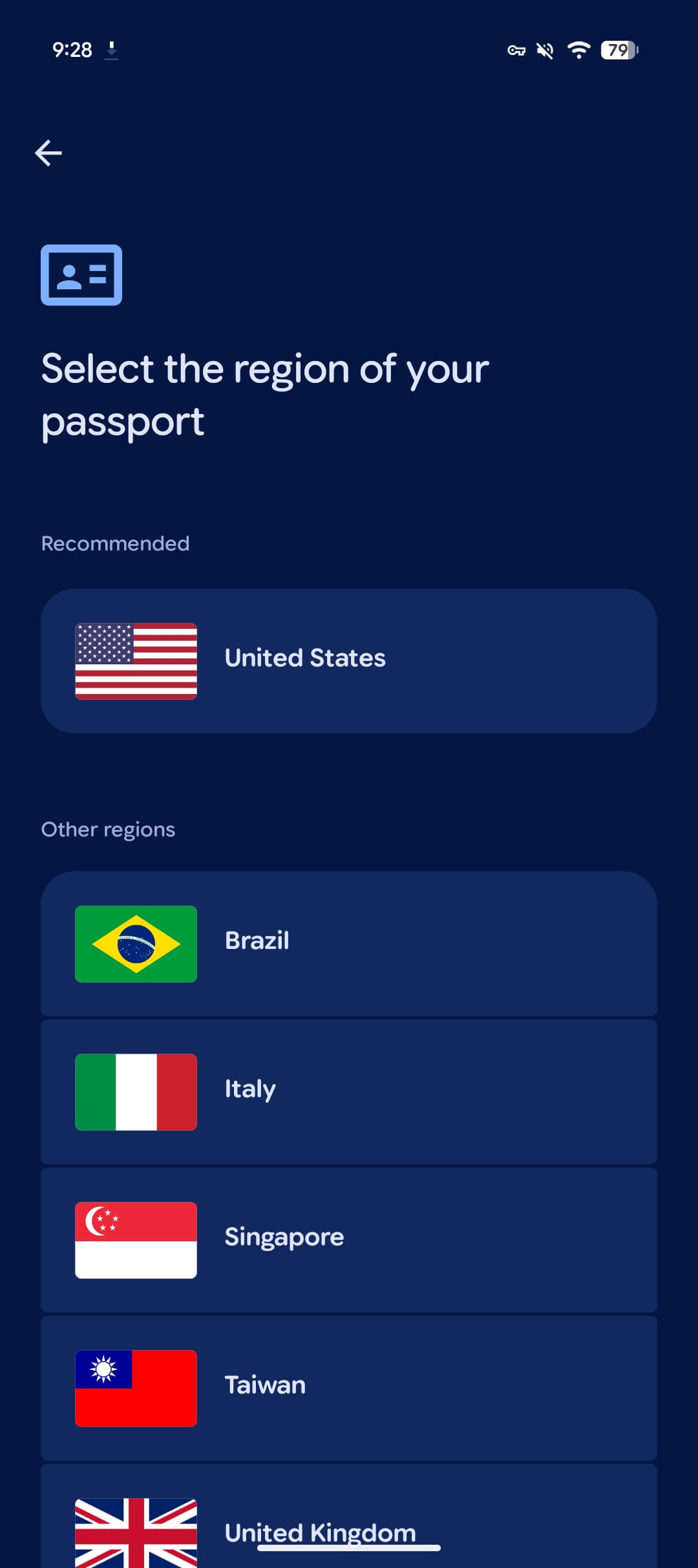Màn hình chọn quốc gia hộ chiếu trong Google Wallet có lựa chọn Italy