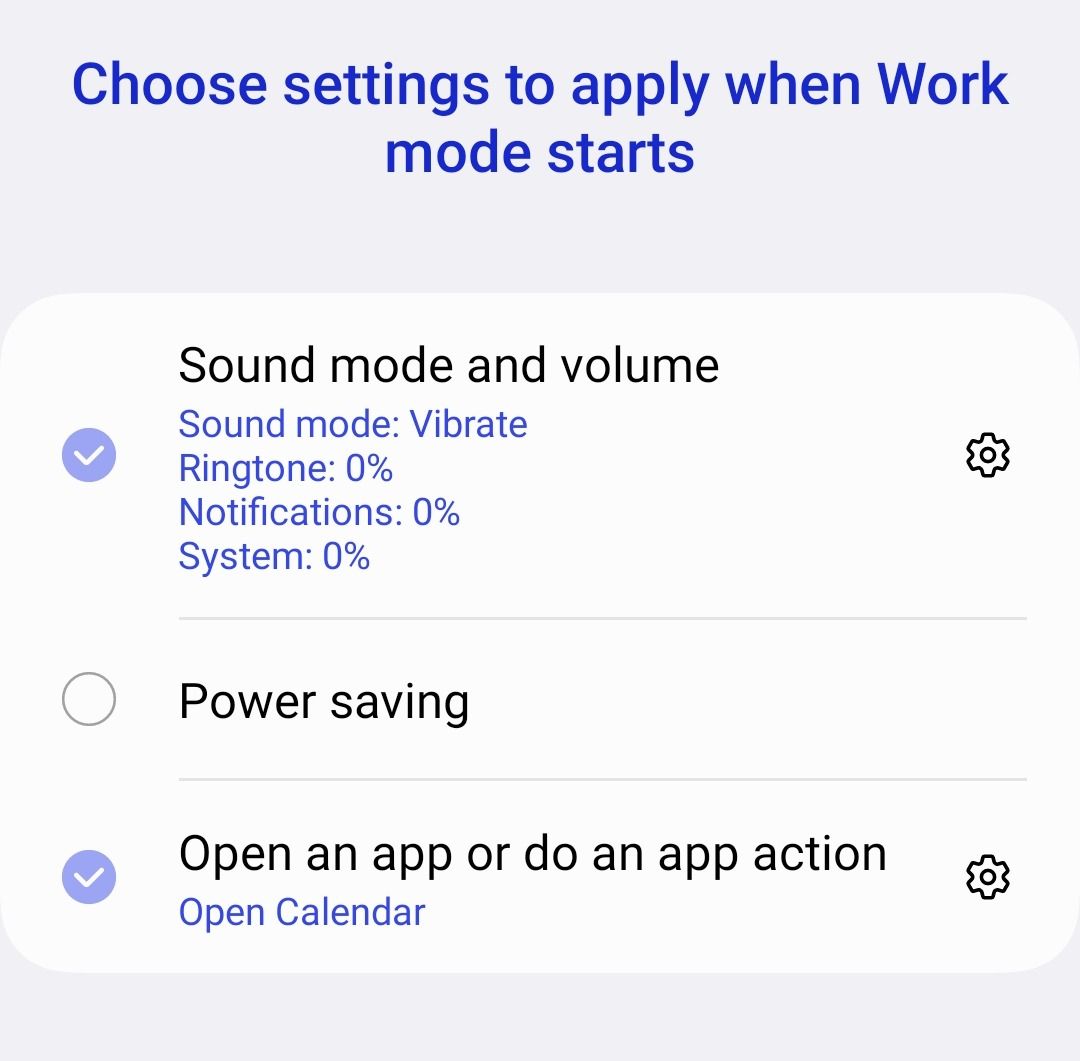 Màn hình chọn các thiết lập áp dụng khi mode Work bắt đầu: âm lượng, Power saving, mở ứng dụng.