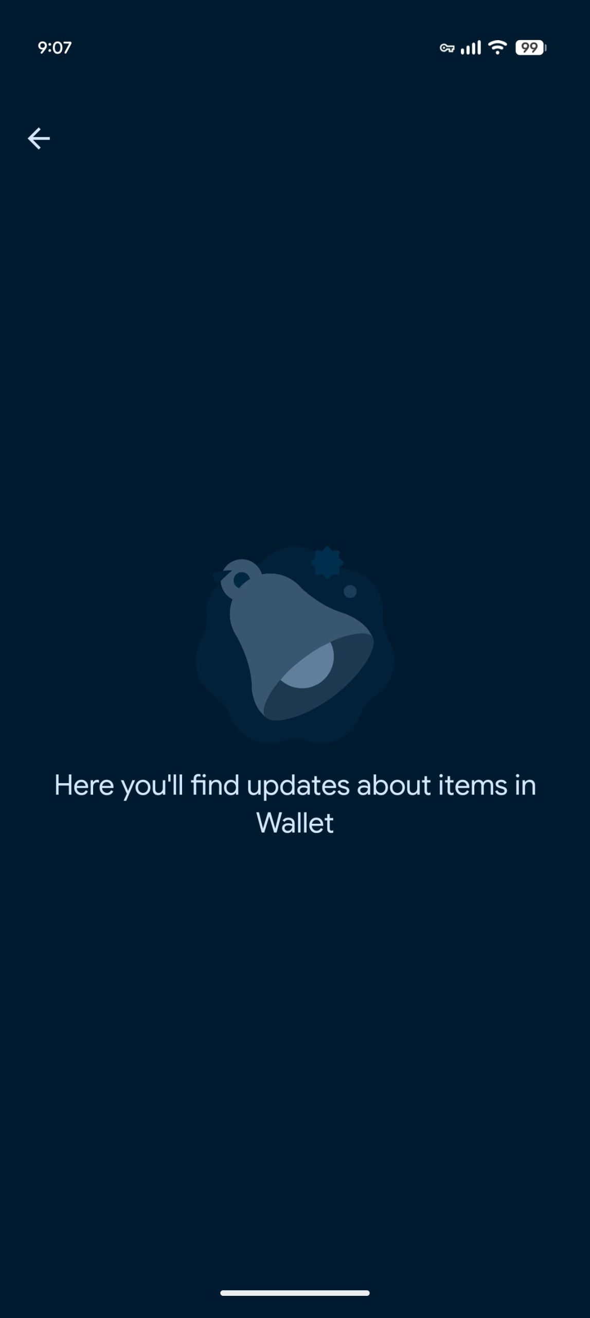 Màn hình danh sách cập nhật trong Google Wallet có tiêu đề Updates about items in Wallet