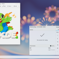 Màn hình desktop KDE Plasma với lịch ngày 14/10/2026 và hình kỷ niệm 30 năm