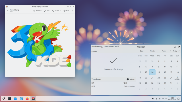 Màn hình desktop KDE Plasma với lịch ngày 14/10/2026 và hình kỷ niệm 30 năm