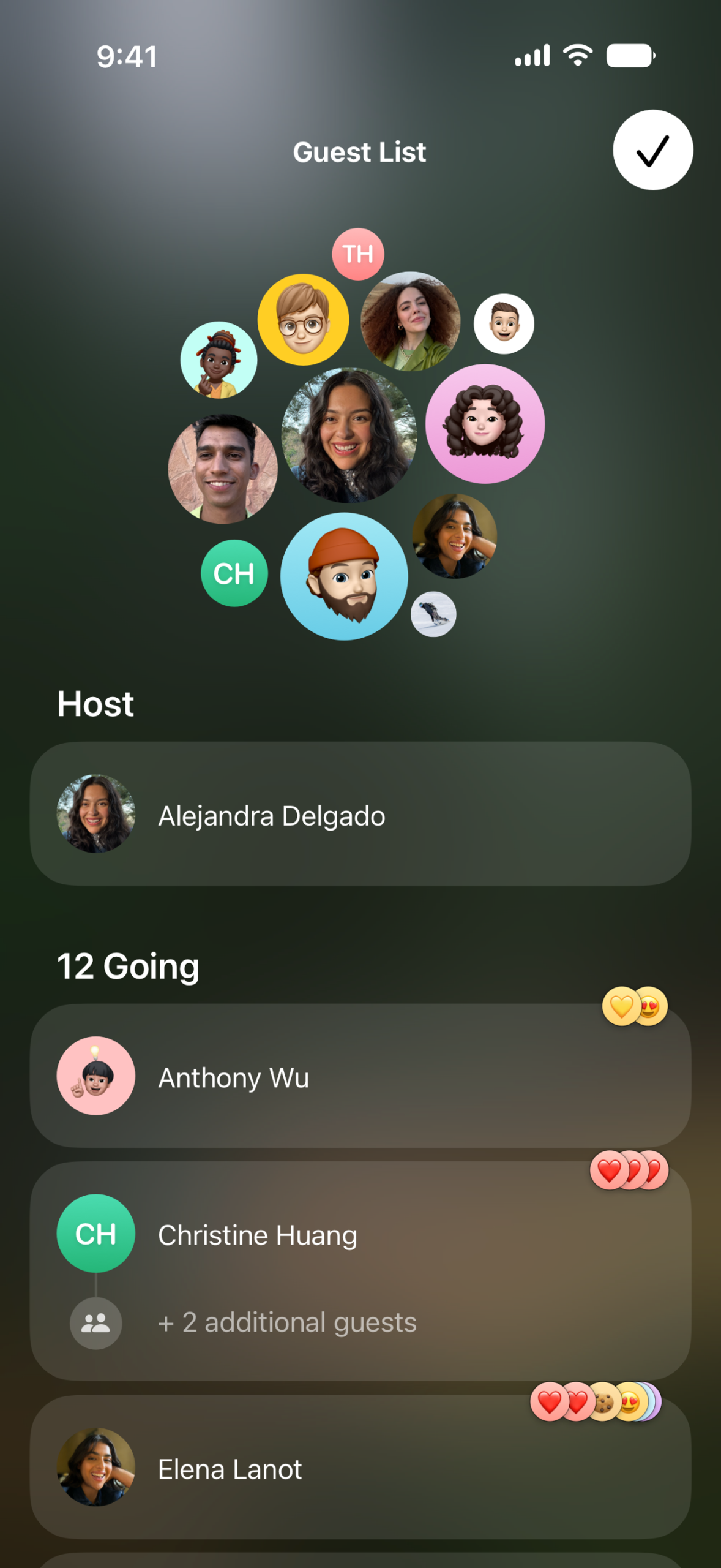 Màn hình Guest List của Apple Invites hiển thị khách tham dự và RSVP