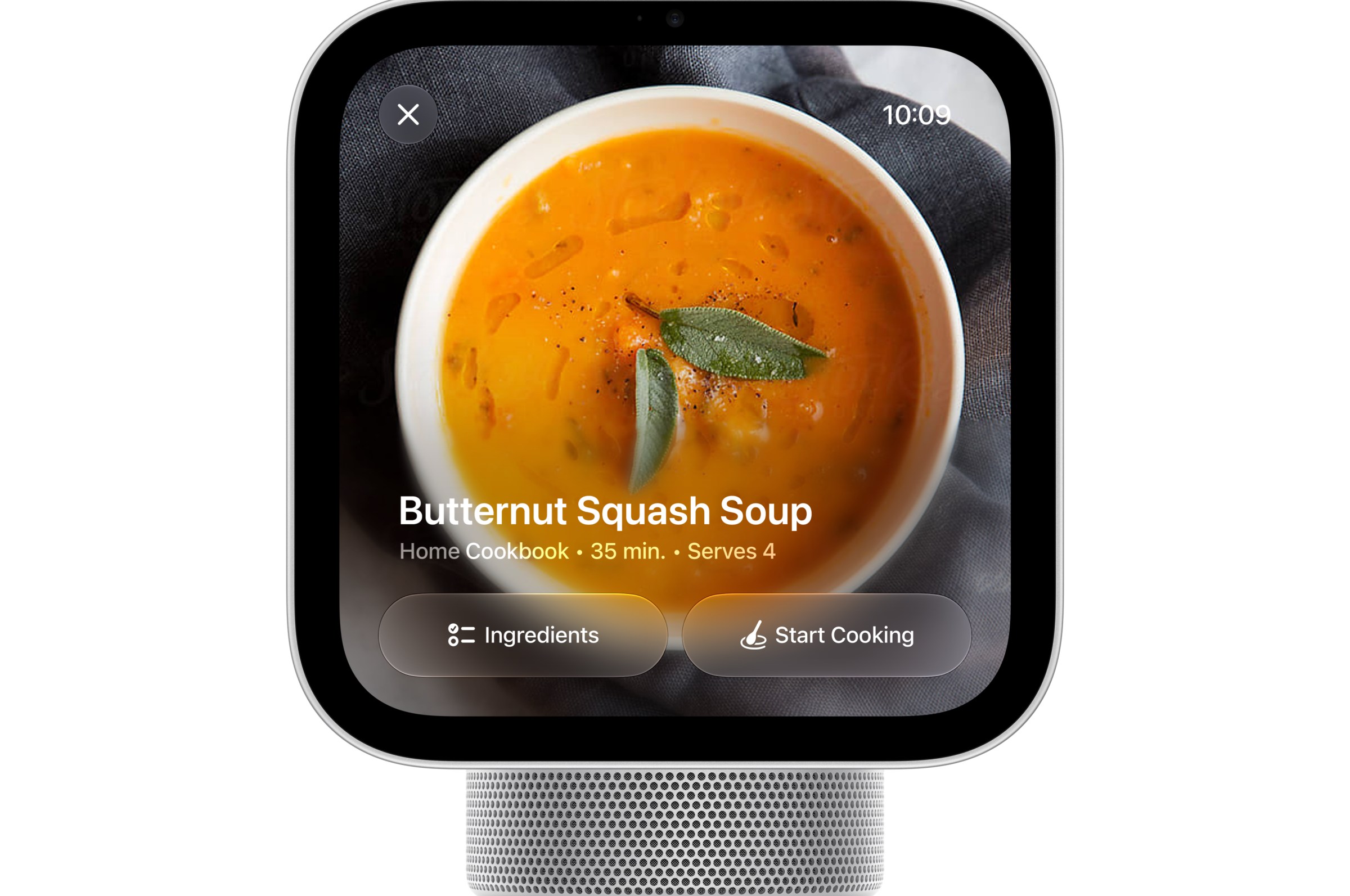 Màn hình HomeView hiển thị công thức súp bí đỏ với nút Ingredients và Start Cooking