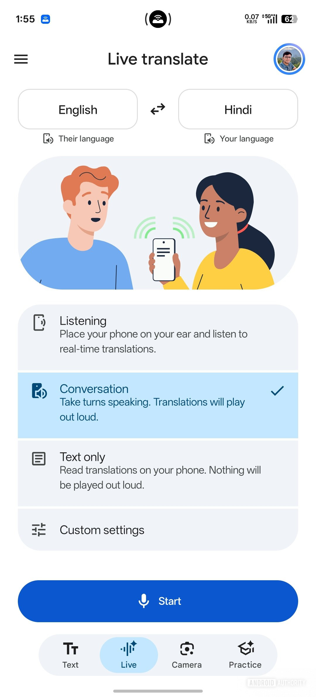 Màn hình Live translate trong Google Translate với chế độ Listening, Conversation và Text only