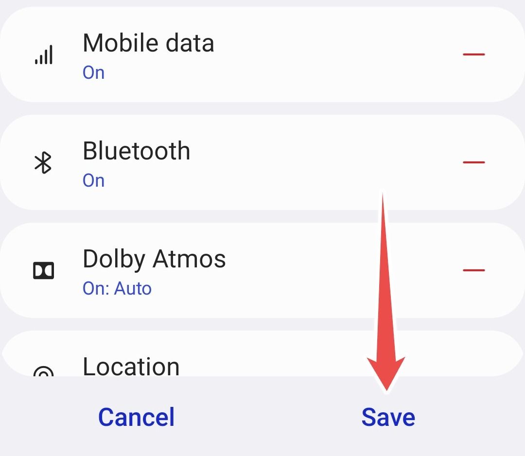 Màn hình lưu routine với các hành động Mobile data, Bluetooth, Dolby Atmos và Location.
