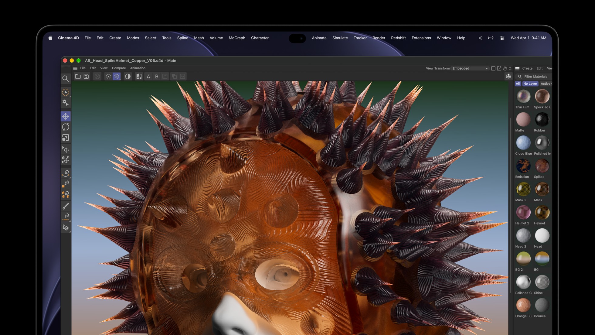 Màn hình MacBook Pro PROLED XDR chạy Cinema 4D với Dynamic Island ở giữa thanh menu
