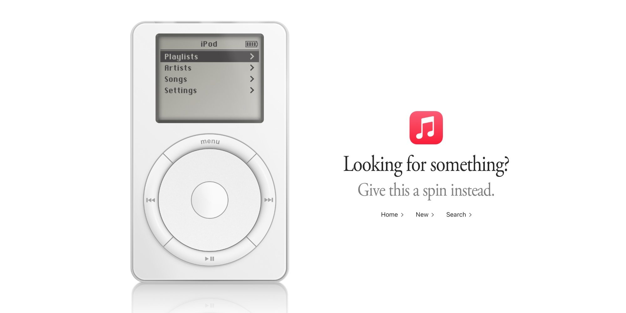 Màn hình menu iPod ảo trên trang lỗi Apple Music