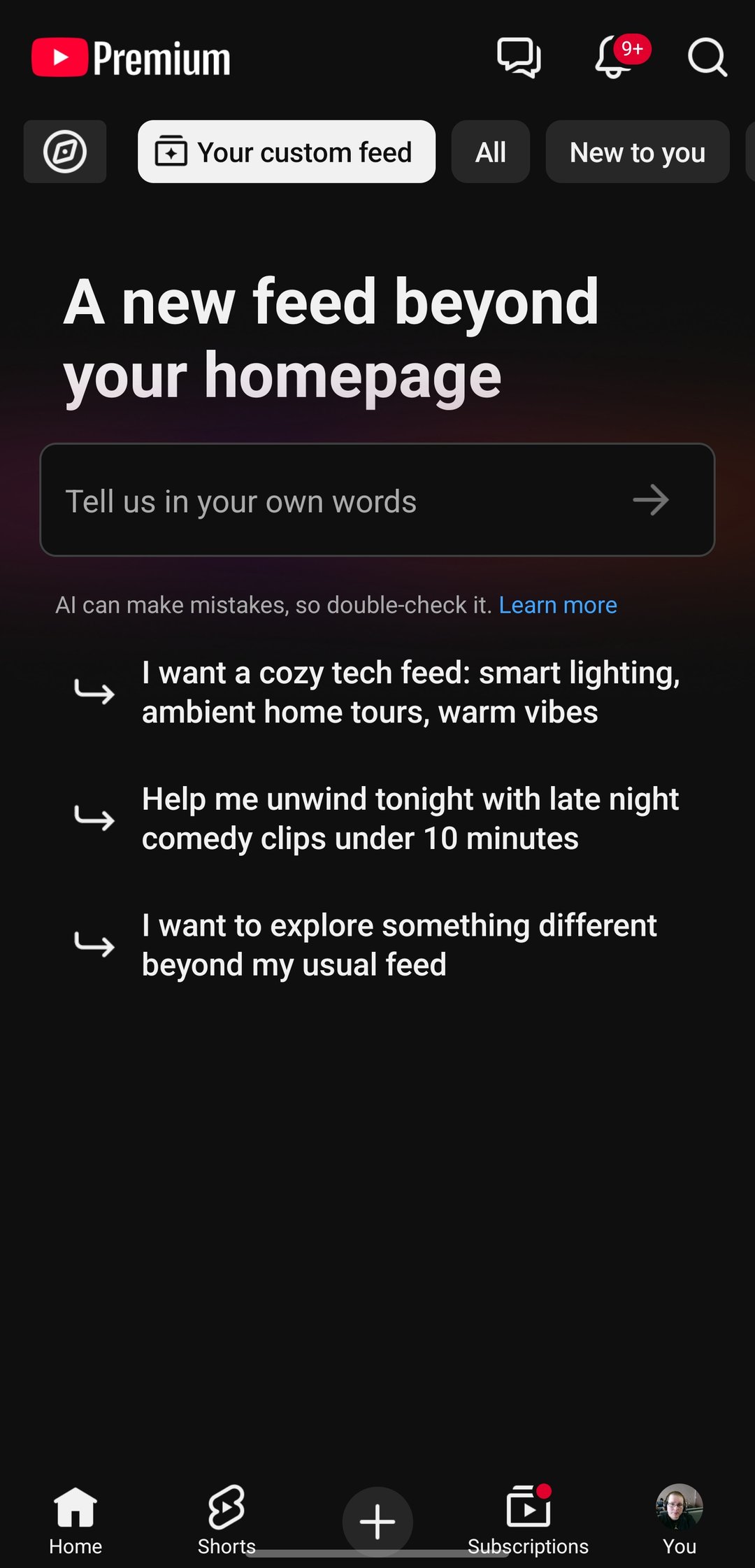Màn hình prompt Custom Feeds trên YouTube