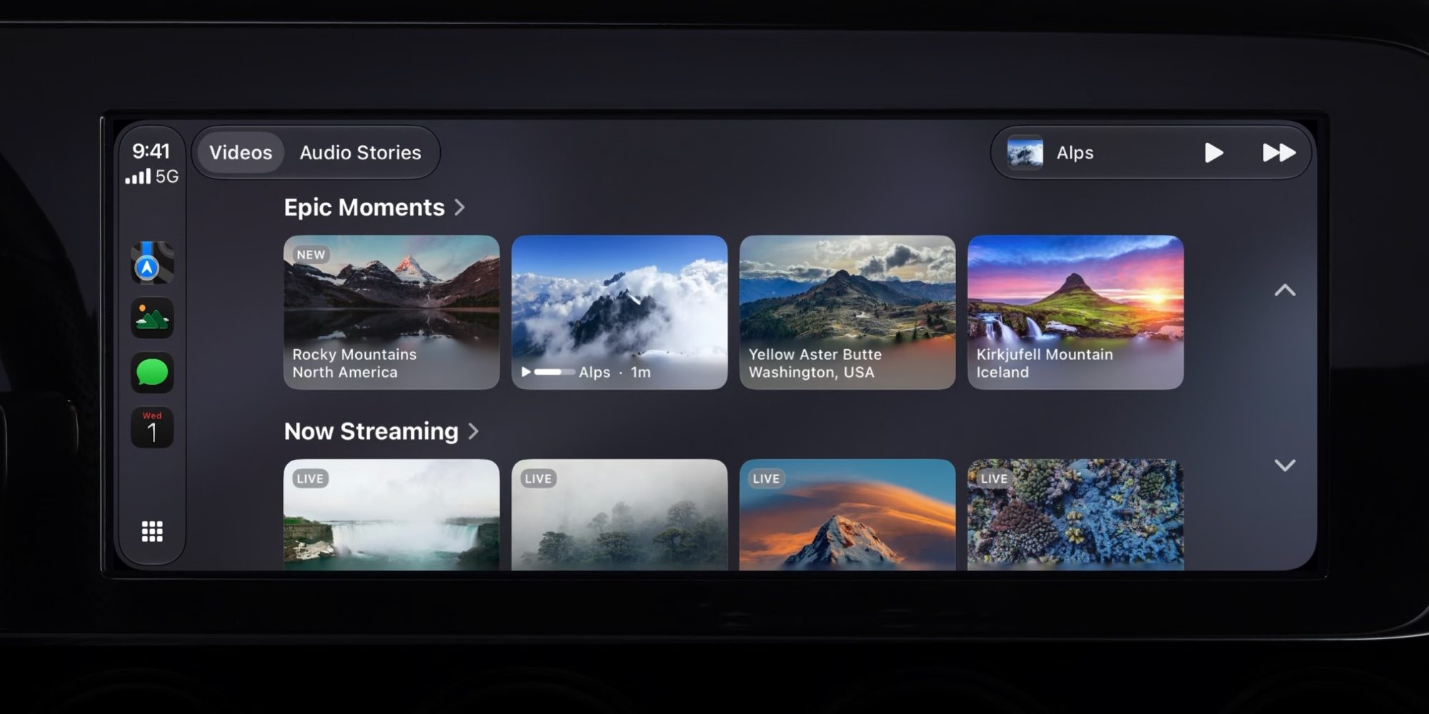Màn hình xe hiển thị ứng dụng video CarPlay với hàng thumbnail phong cảnh và mục đang phát trên thanh trên cùng