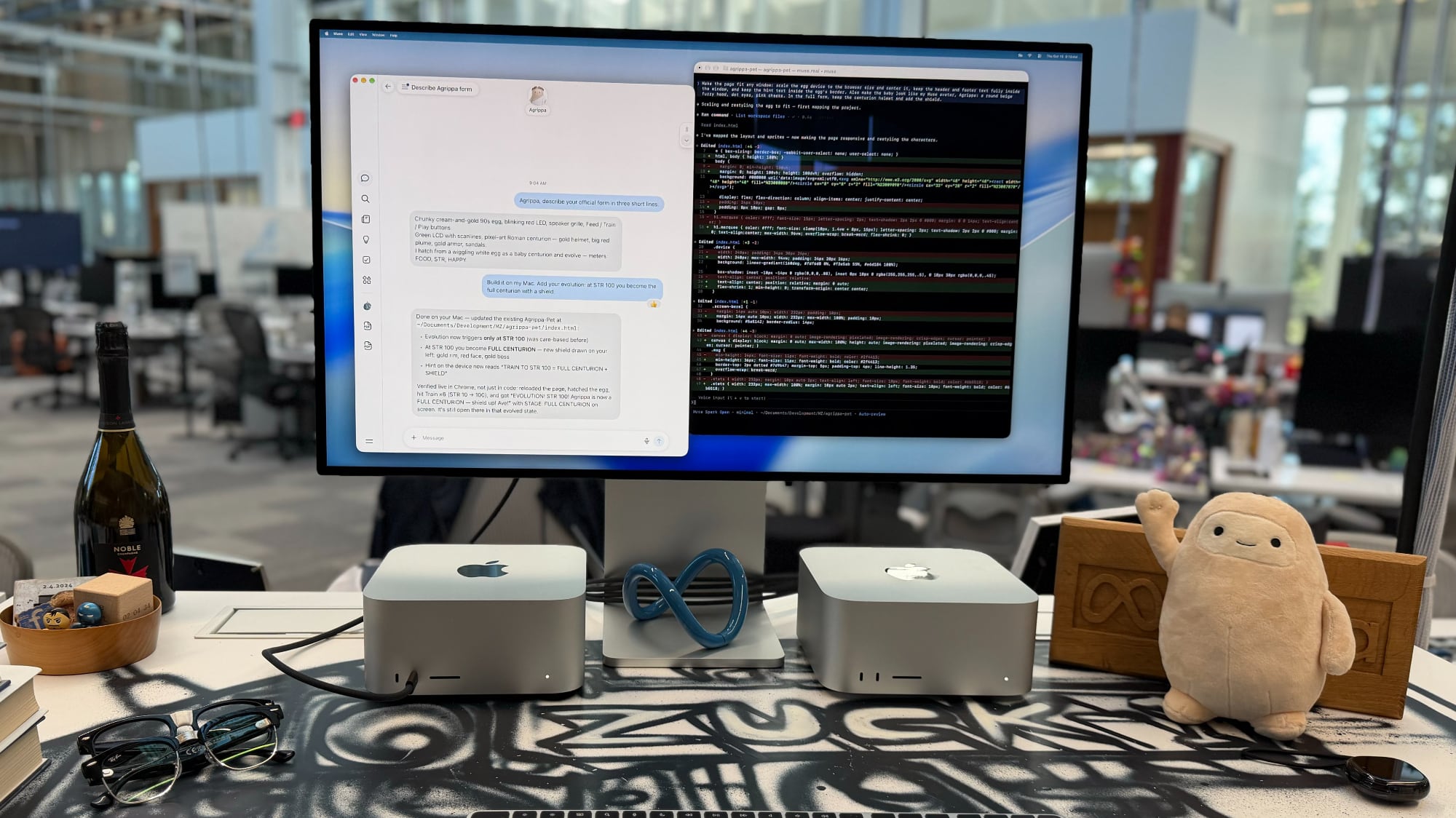 Mark Zuckerberg bên cụm hai Mac Studio đang chạy Muse Spark Open