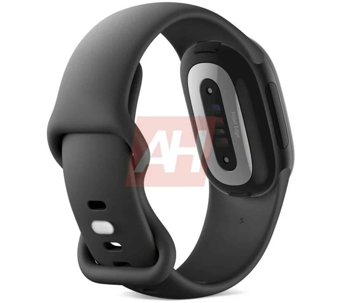 Mặt sau render Fitbit Edge với cụm cảm biến và dây tháo lắp
