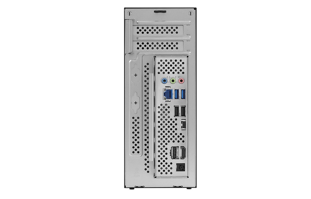 Mặt sau thùng máy ASRock DeskSlim với cổng I/O và khe cắm mở rộng