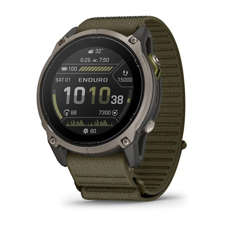 Mặt trước Garmin Enduro 4 hiển thị giao diện thời lượng pin và thông số tập luyện