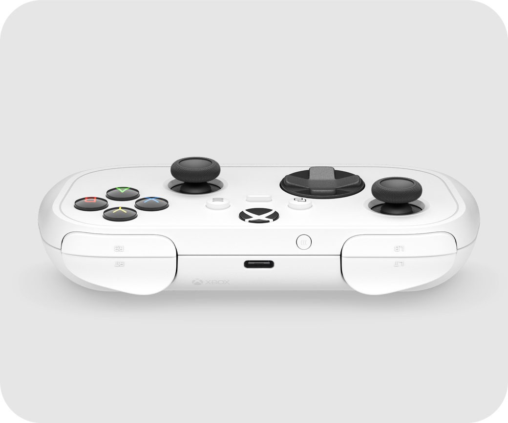 Mặt trước tay cầm Xbox Nano màu trắng với hai cần analog và cụm nút điều khiển.