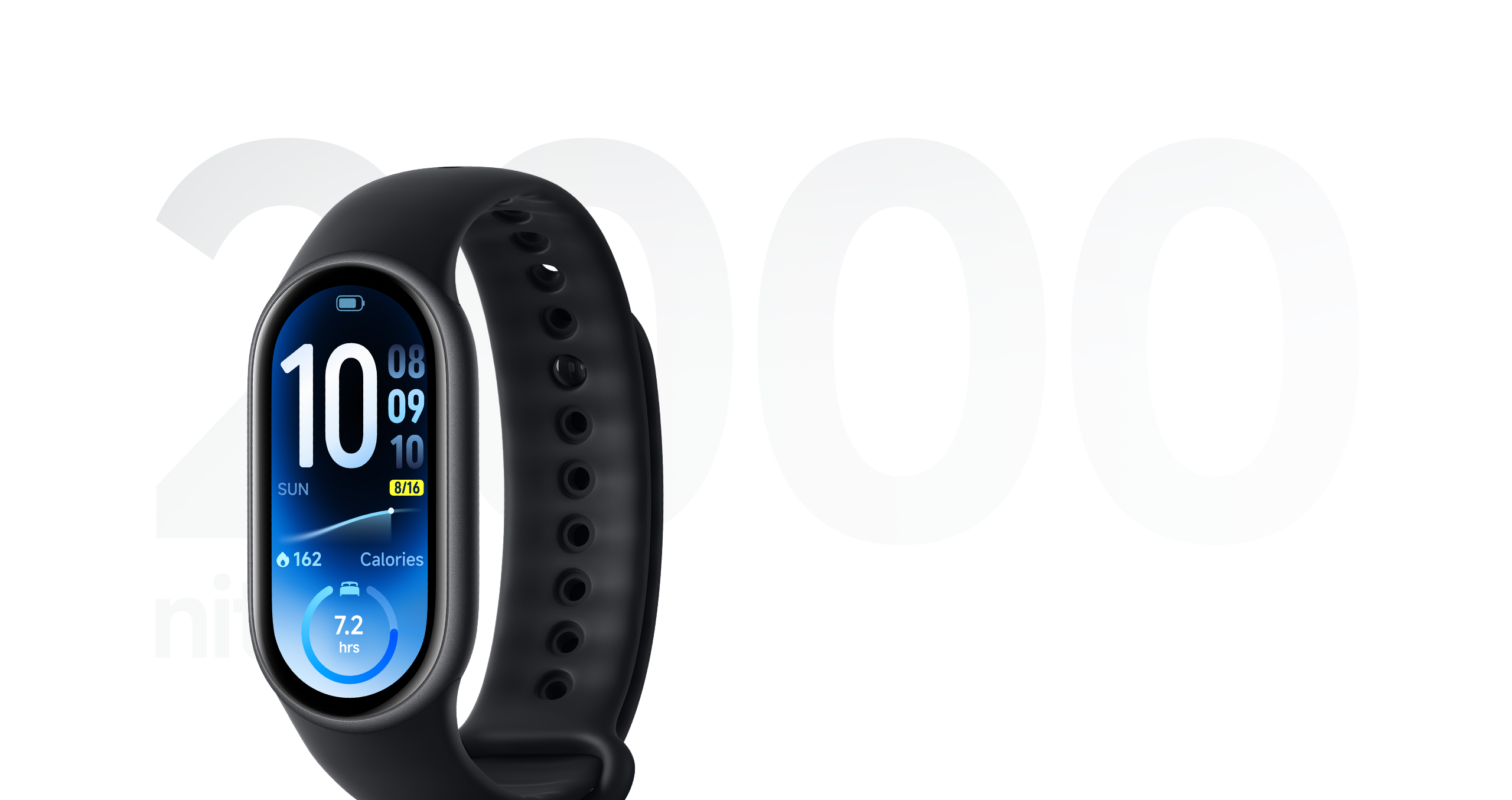 Mặt trước Xiaomi Smart Band 11 hiển thị giao diện giờ và chỉ số sức khỏe với con số 2000 nits phía sau