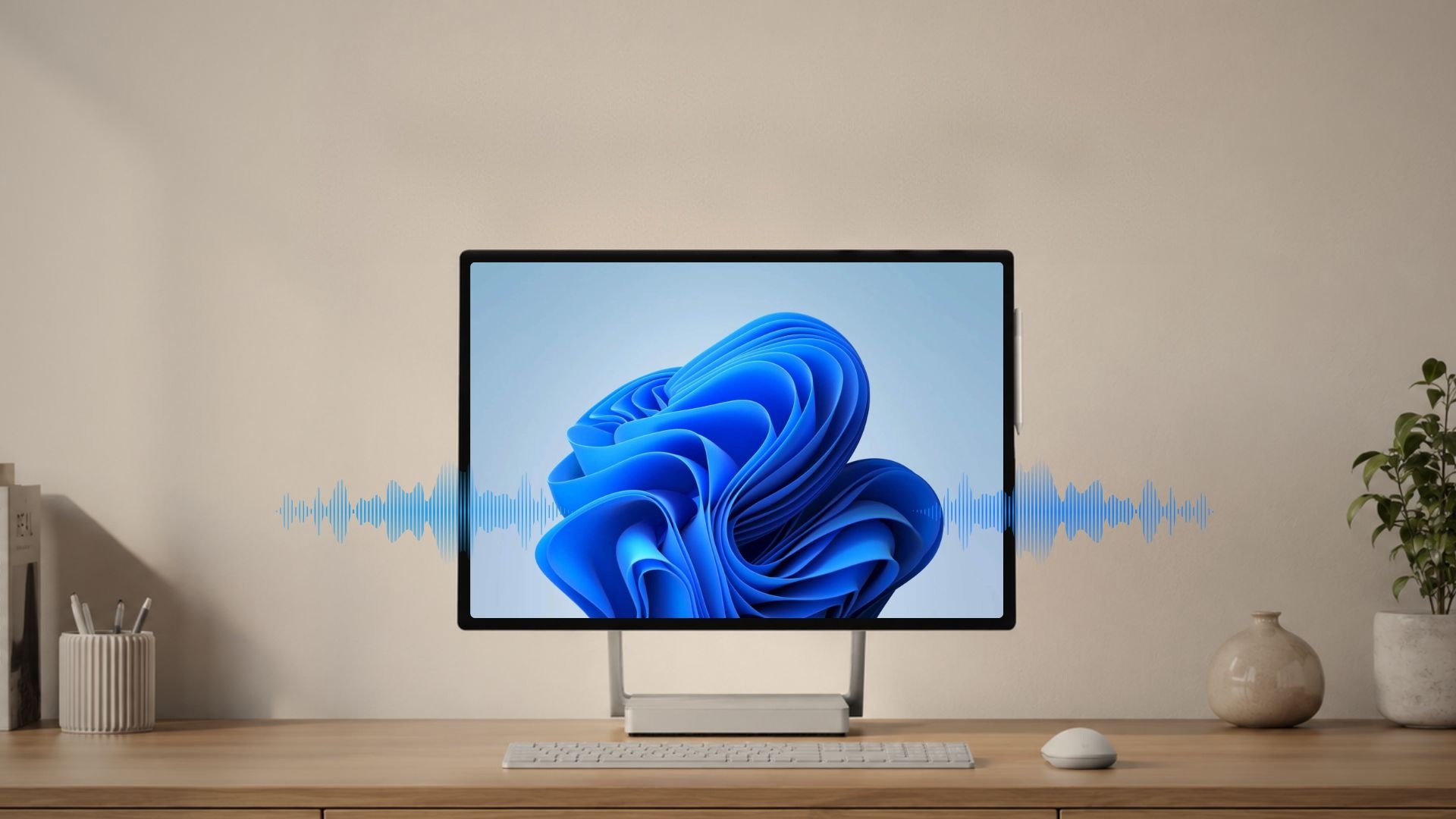 Máy tính để bàn chạy Windows 11 với hình nền xanh