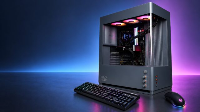 Máy tính để bàn CyberPowerPC với card đồ họa GeForce RTX và thiết bị ngoại vi RGB.