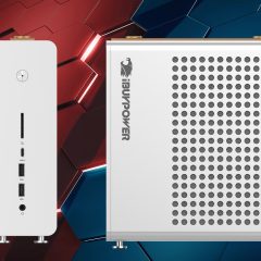 Máy tính mini iBUYPOWER Pro AMD AI Halo màu trắng nhìn từ phía trước và cạnh bên.