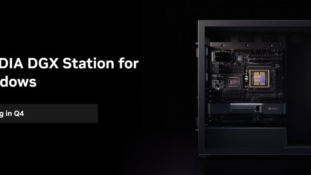 Máy trạm NVIDIA DGX Station for Windows với hình ảnh linh kiện bên trong và dòng chữ Coming in Q4.