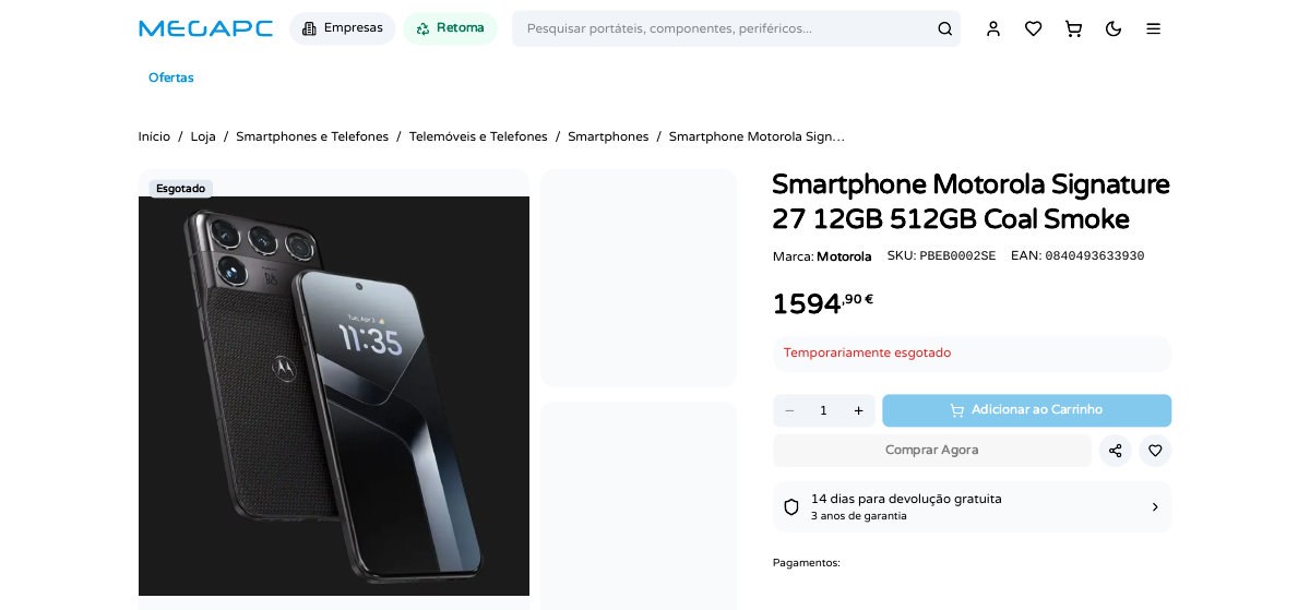 MegaPC niêm yết Motorola Signature 27 bản 12GB 512GB giá 1.594,90 EUR