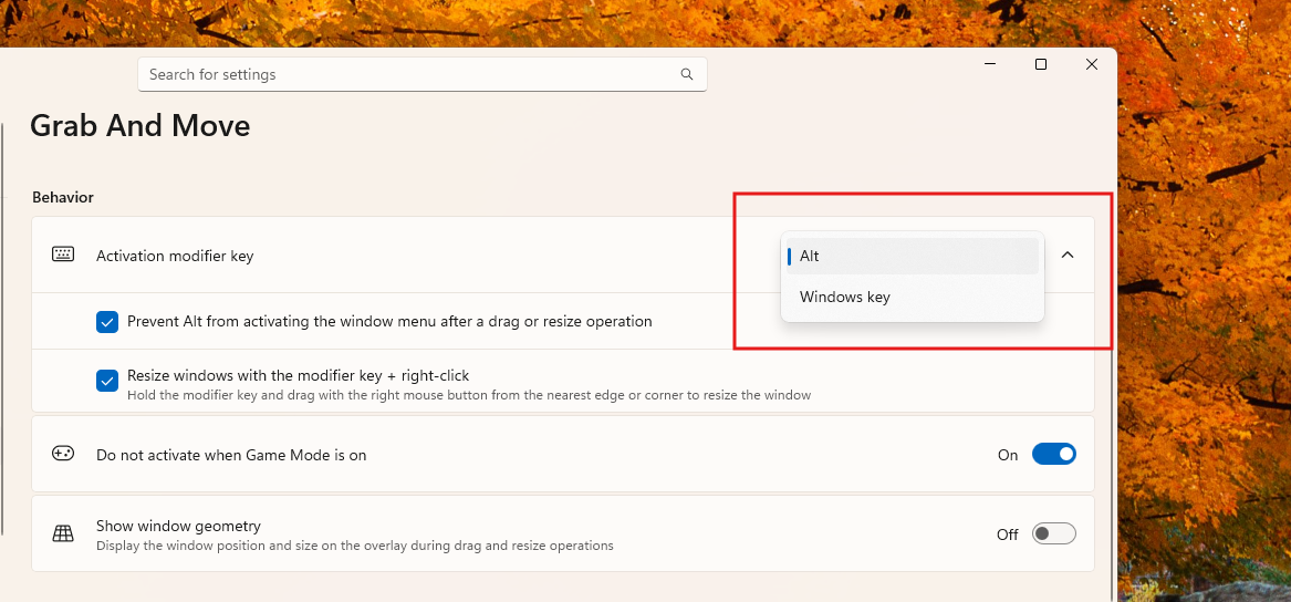 Menu Activation modifier key hiển thị Alt và Windows key