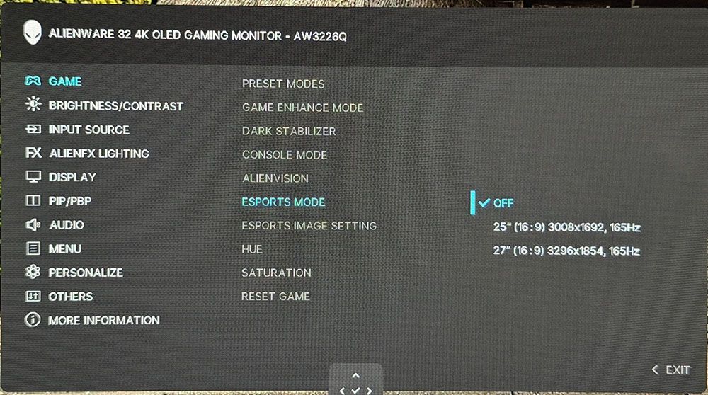 Menu chế độ eSports của AW3226Q