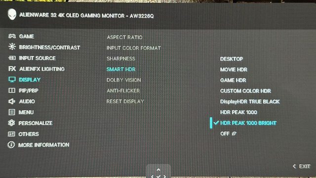 Menu chế độ HDR của Alienware AW3226Q