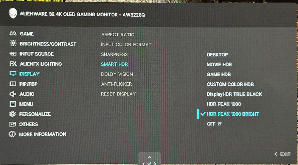 Menu chế độ HDR của Alienware AW3226Q