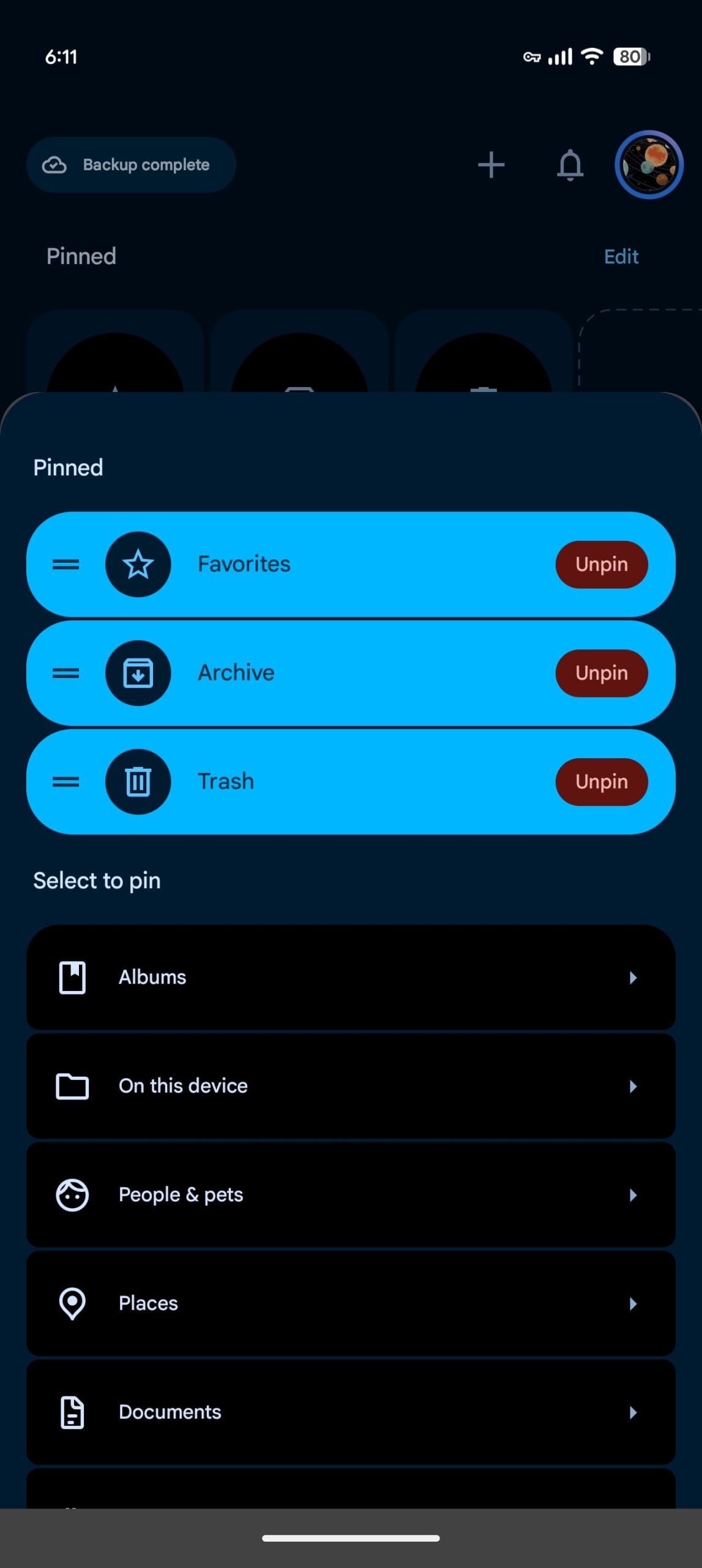 Menu chỉnh sửa các thẻ ghim trong Google Photos