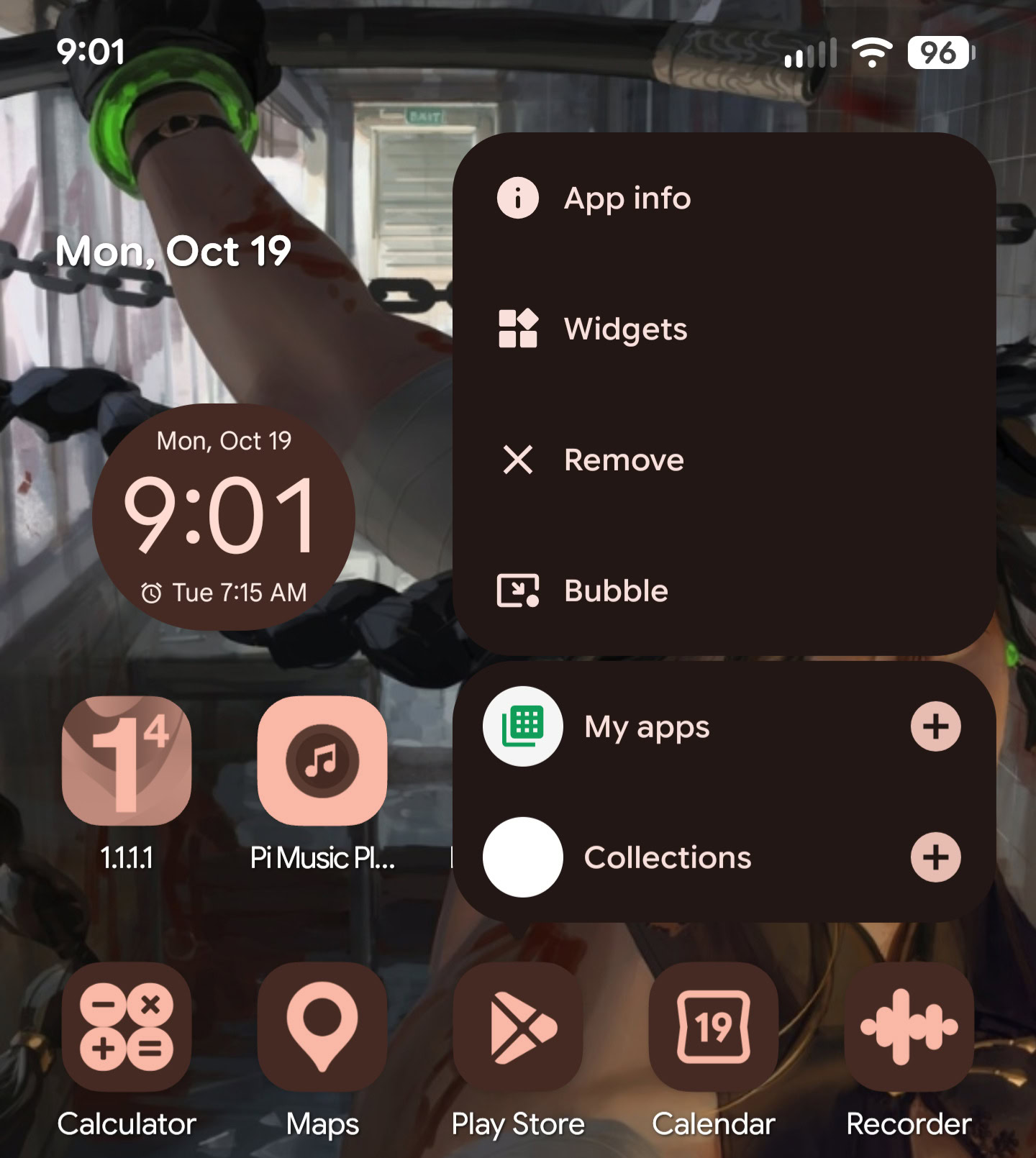 Menu nhấn giữ Play Store trên Pixel hiển thị biểu tượng Collections thành vòng tròn trắng trống