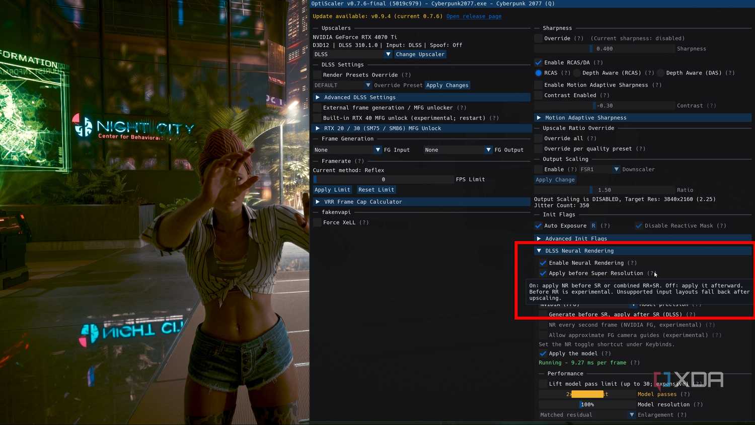 Menu OptiScaler và Cyberpunk 2077 với tùy chọn neural rendering trước Super Resolution.