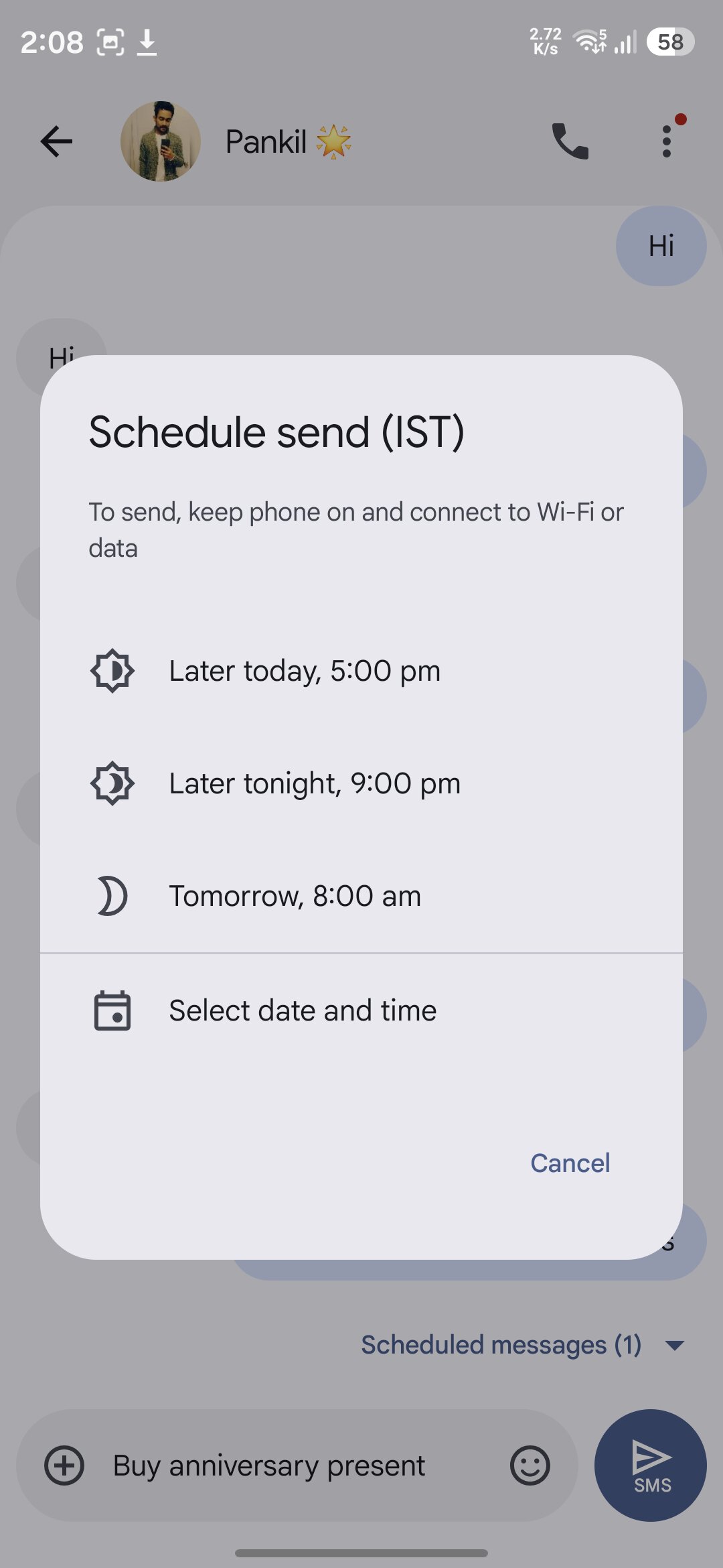 Menu Schedule send của Google Messages