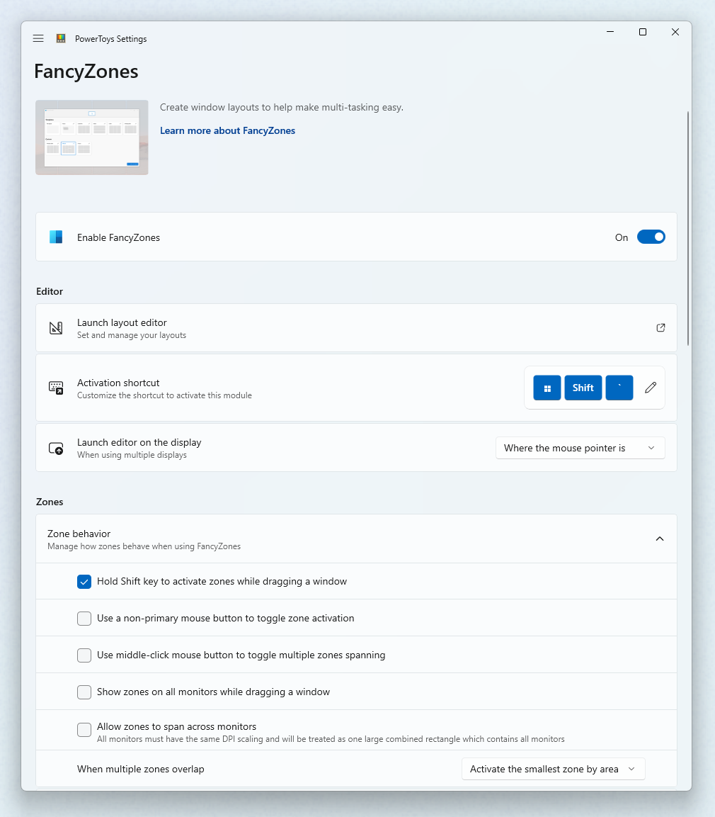 Menu thiết lập FancyZones trong Microsoft PowerToys với các tùy chỉnh kích hoạt phím Shift và quản lý đa màn hình.