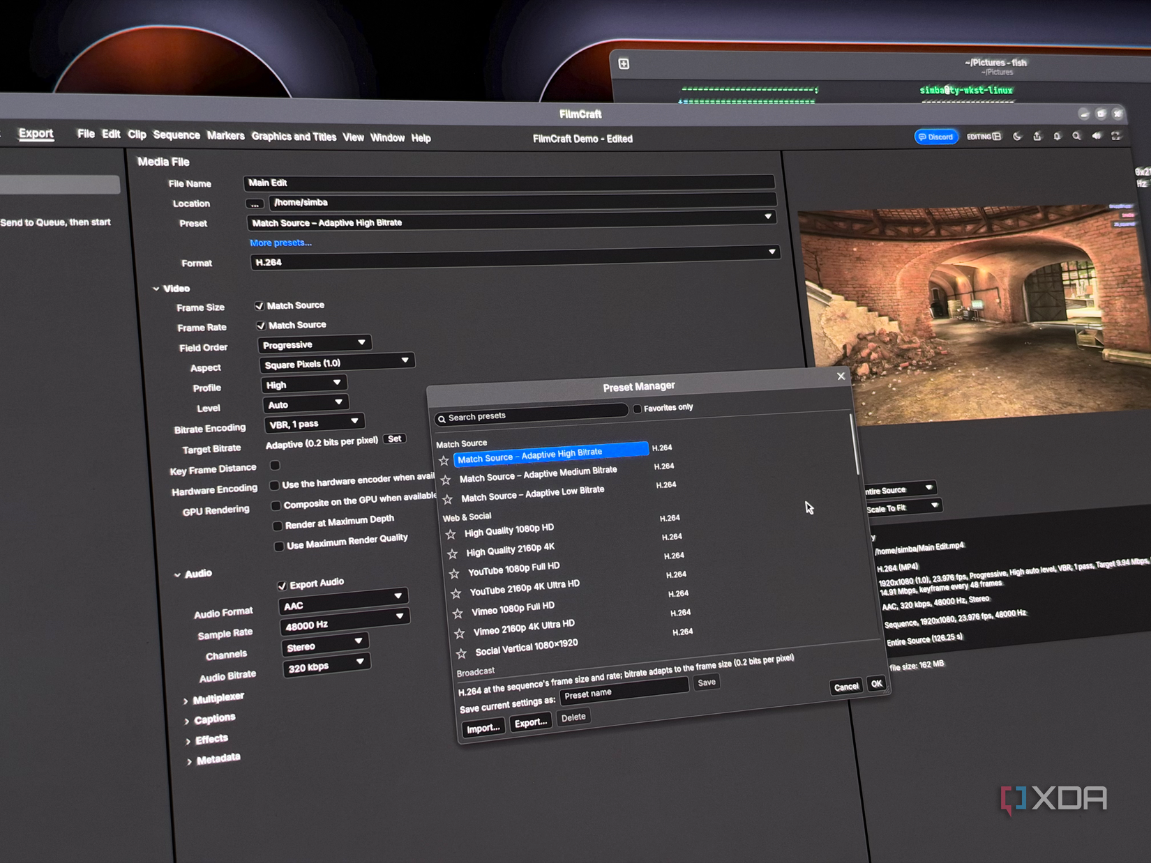 Menu xuất video trong FilmCraft trên Linux