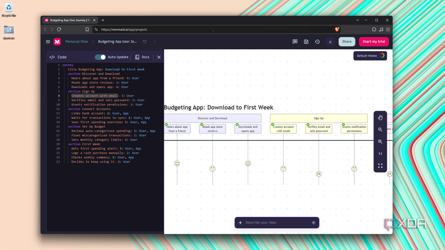 Mermaid default playground editor for budgeting journey
