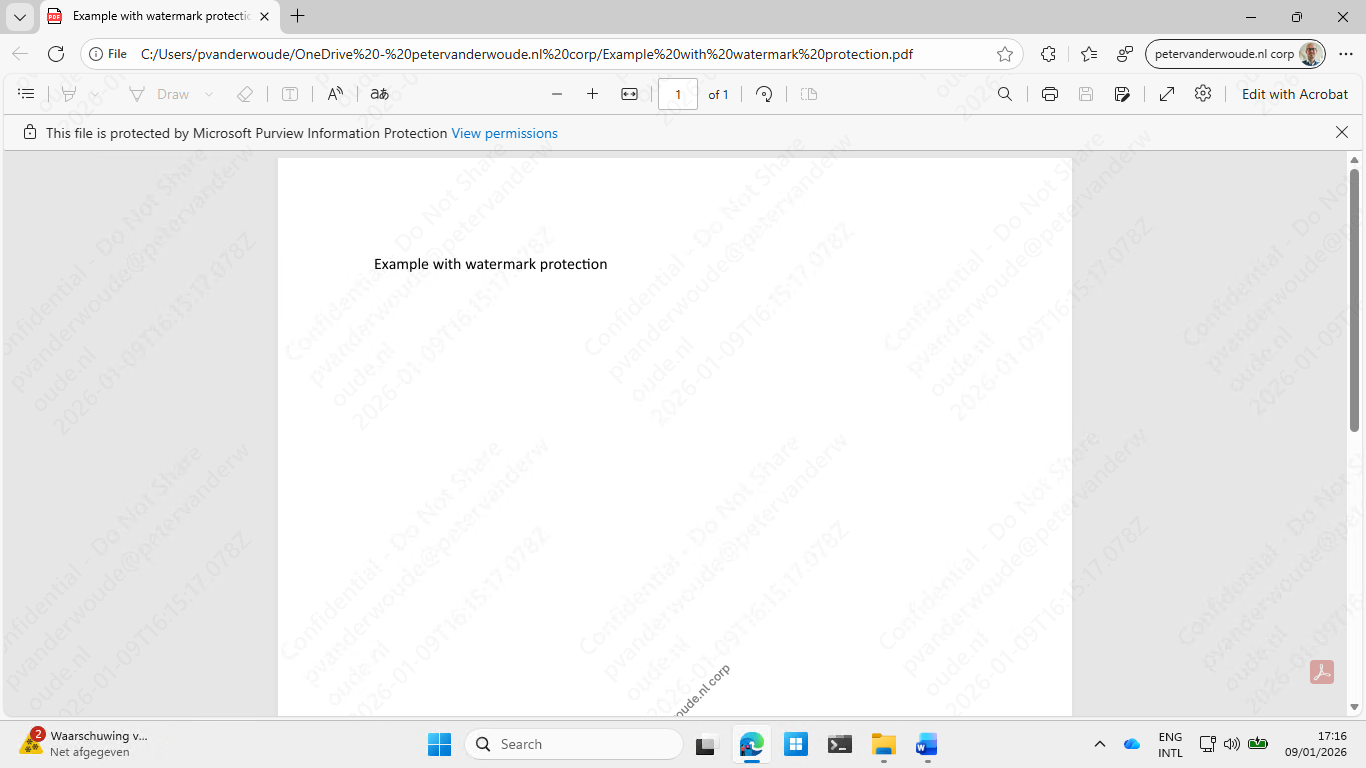 Microsoft Edge hiển thị watermark trên tài liệu PDF được bảo vệ bằng Microsoft Purview