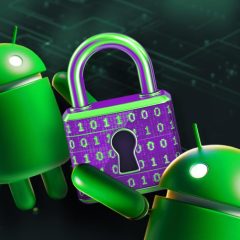 Minh họa Android bên cạnh ổ khóa trên nền mạch điện tử.