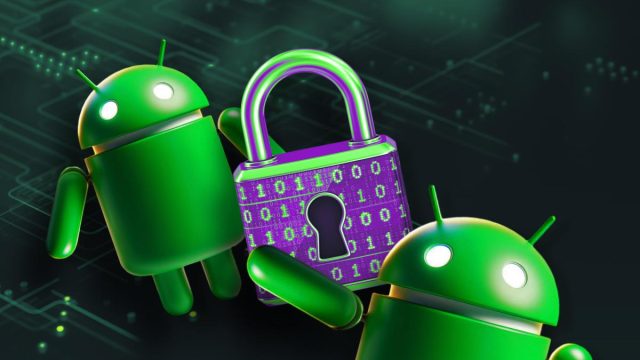 Minh họa Android bên cạnh ổ khóa trên nền mạch điện tử.