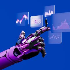 Minh họa cánh tay robot AI chạm vào các biểu đồ dữ liệu lập trình