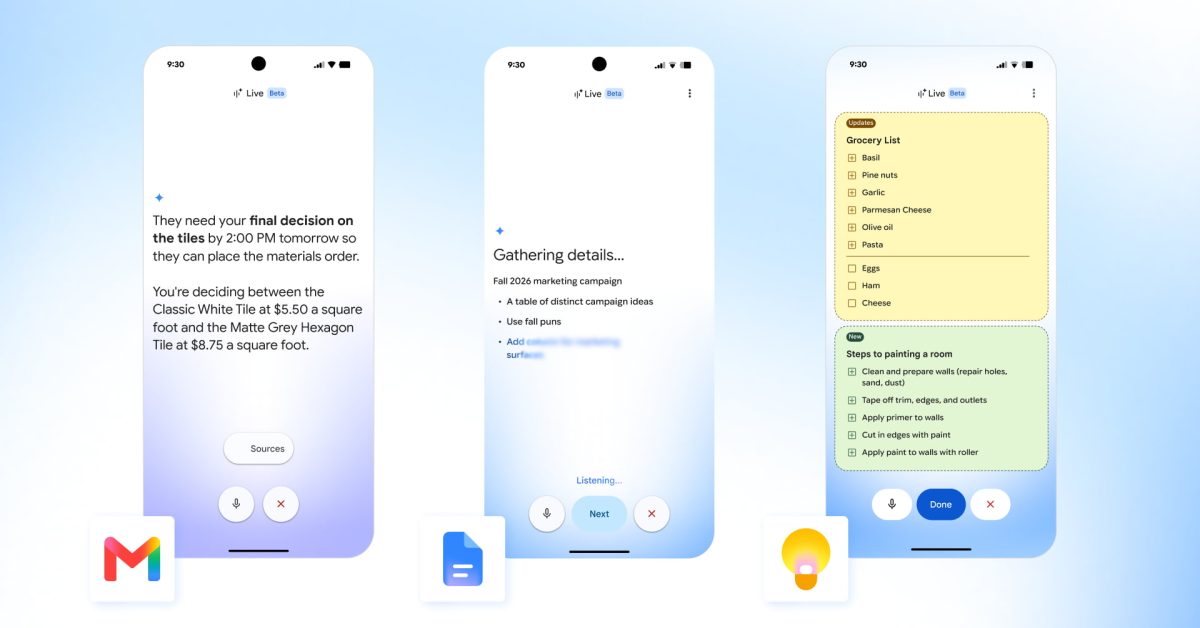 Ảnh minh hoạ giao diện Gmail Live, Docs Live và Keep Live trên điện thoại
