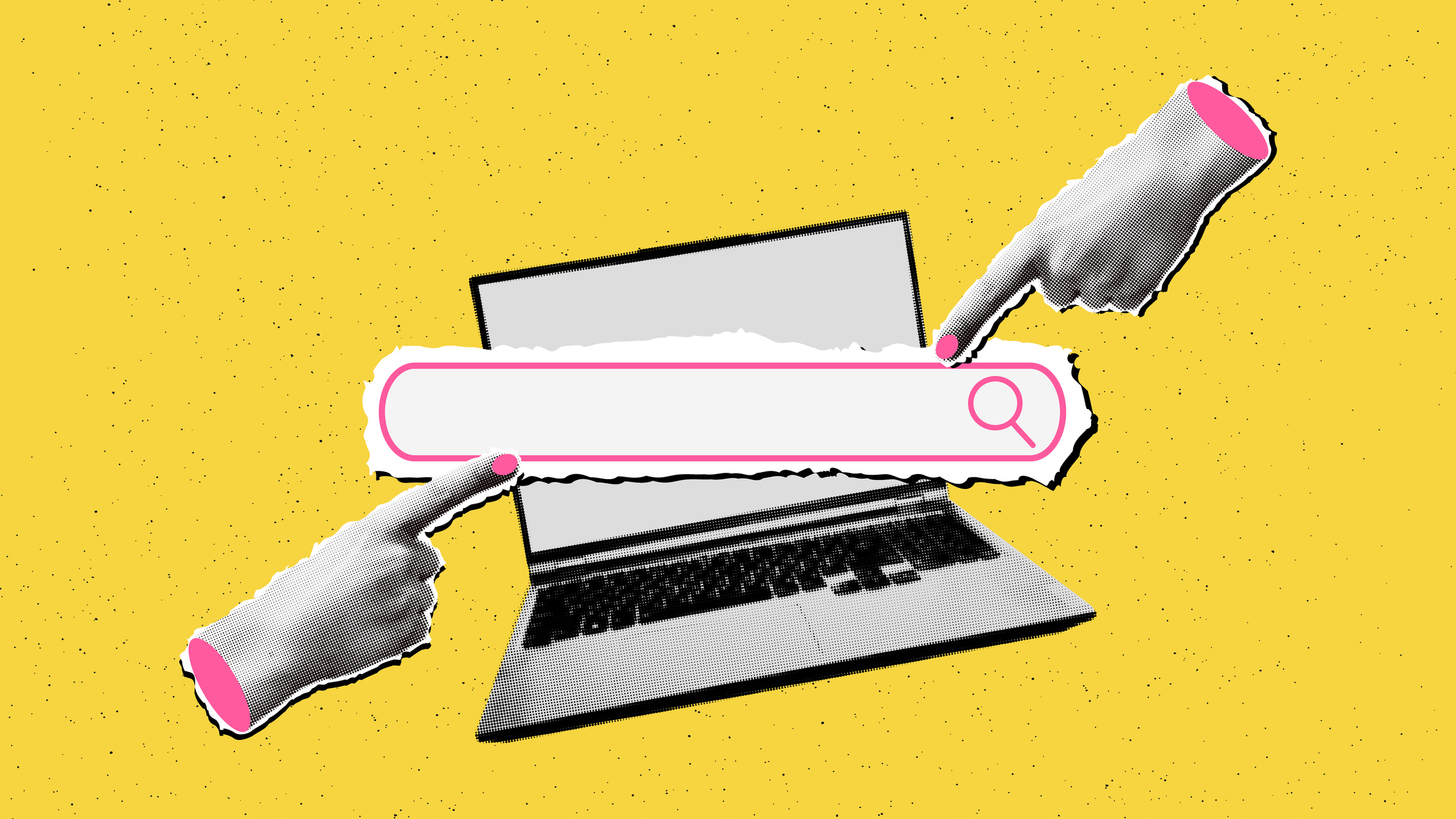 Hình minh hoạ laptop với thanh tìm kiếm và hai bàn tay chỉ vào, nền vàng